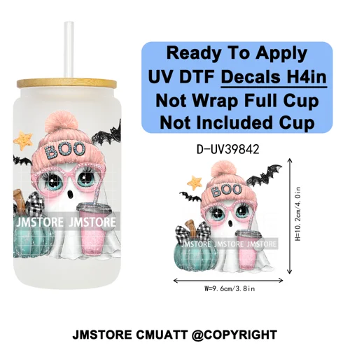 Girly Halloween Ghost Pumpkin Coffee Lover UV DTF Transfer Stickers Decals Ready To Apply Waterproof For 16OZ Libbey Glass Can