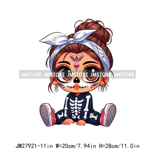 Halloween Skeleton Latina Baby Chibi Hispanic Girls Spooky Season DTF Iron On Transfers Stickers Ready To Press For Clothing