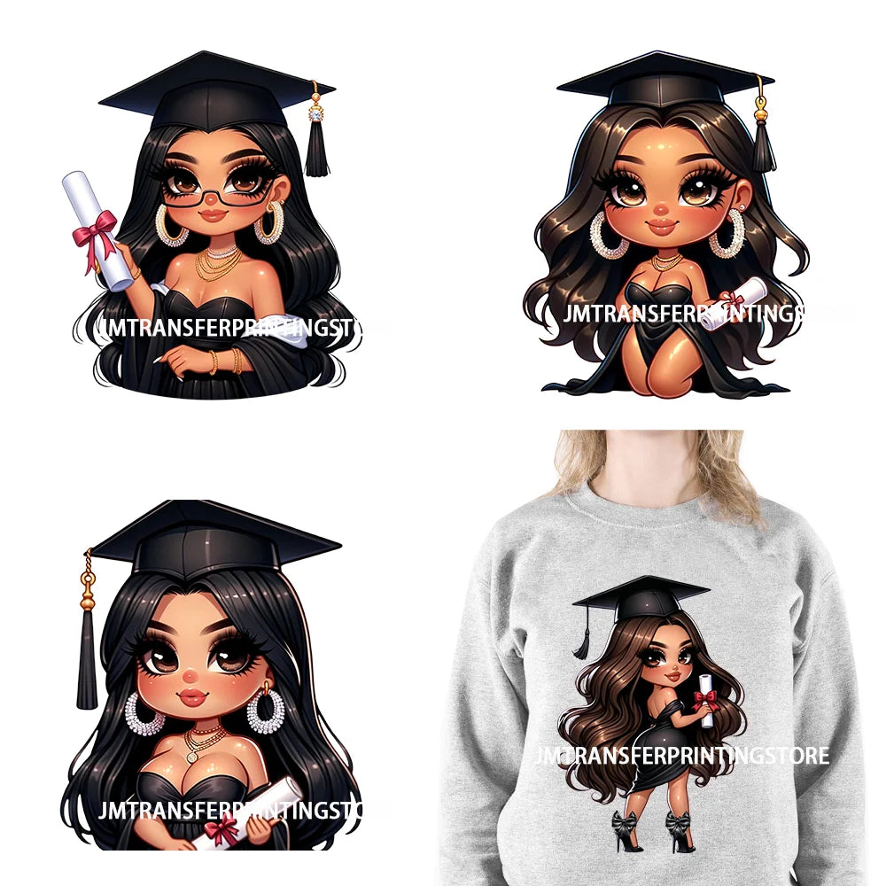 DIY Chibi Latina Graduation Diploma Designs Iron On Chicana College Woman Transfers Printing Stickers Ready To Press For Hoodies