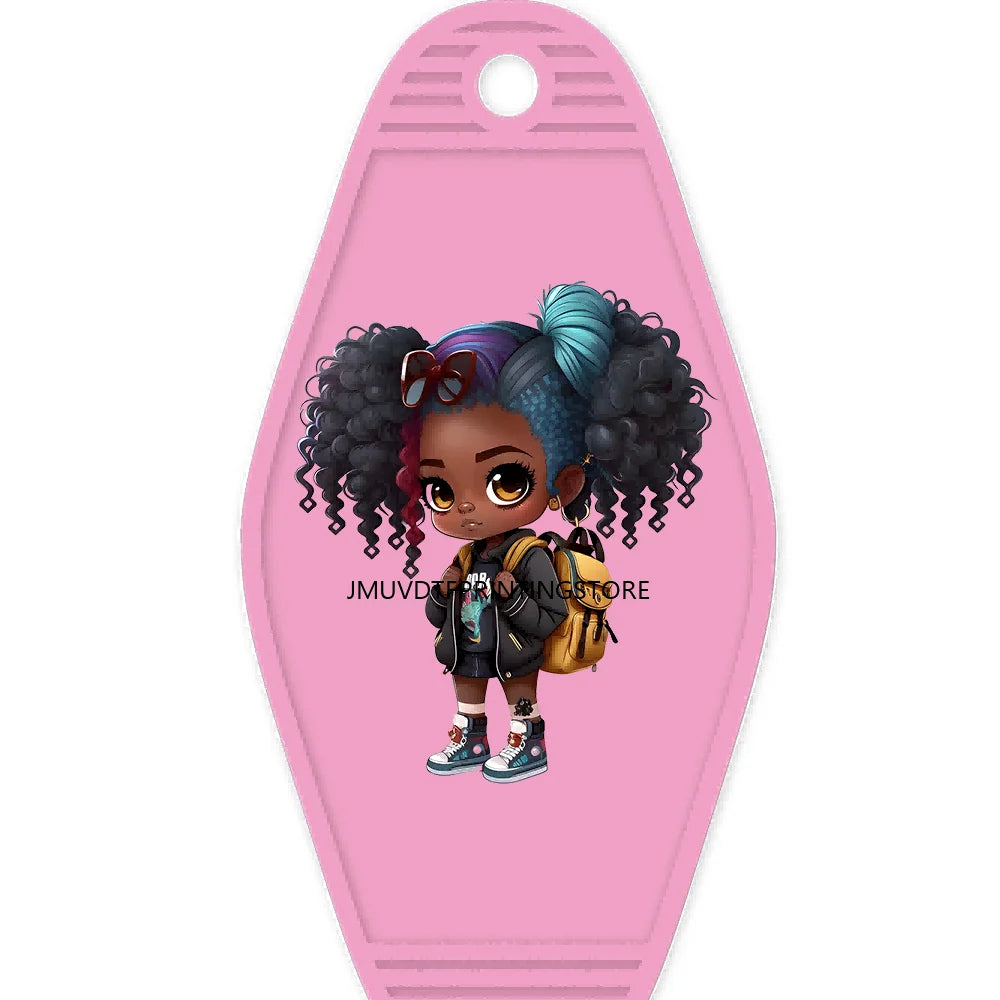 School Melanin Black Girls With Luggage High Quality WaterProof UV DTF Sticker For Motel Hotel Keychain Afro Children