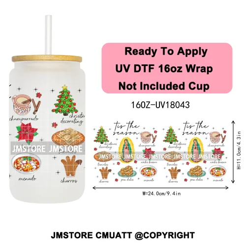 Feliz Navidad Christmas Mexican Food UV DTF Stickers Ready To Apply Cup Wrap High Quality Waterproof For 16OZ Libbey Can Glass
