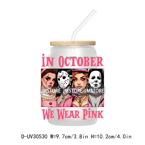 In October We Wear Pink UV DTF Transfers Stickers Decals For Libbey Cold Cups Mugs Tumbler Waterproof Craft Horror Movie Sisters