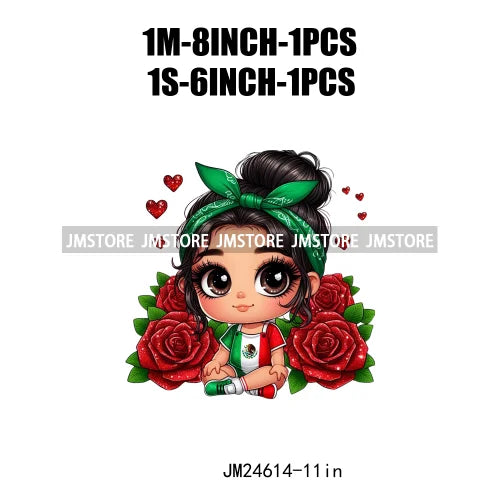 Cute Chibi Mexican Girl Designs Hispanic Red Rose Green Coquette Bow Latina Princess Iron On DTF Transfers Stickers For T-shirts