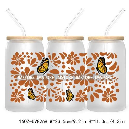 Mexican Butterfly Flowers 16OZ UV DTF Cup Wrap Transfer Sticker Custom Label Waterproof Logo For Libbey Glass Can Latina Culture