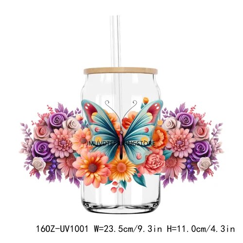 Watercolor Butterfly And Flower 16OZ UV DTF Cup Wrap Transfer Sticker Custom Labels DIY Durable Waterproof Logo For Libbey Glass