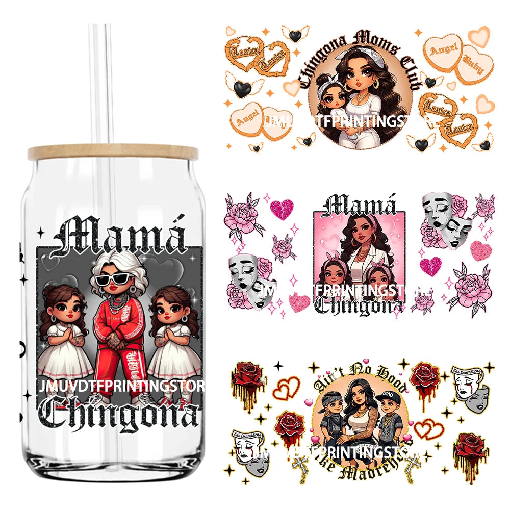 Chingona Chicana Mom 16OZ UV DTF Cup Wrap Transfer Stickers Chibi Mama Custom Label Durable Waterproof Logo For Libbey Glass Can