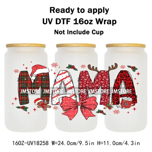 Christmas Mama Mini Coquette Family Xmas 16OZ UV DTF Cup Wraps Ready To Apply Waterproof Transfer Stickers For Libbey Glass Can