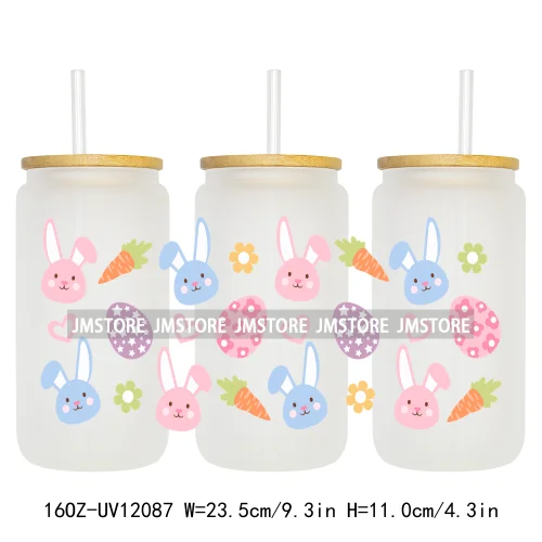 Retro Easter Bunny Rabbit Eggs Flowers 16OZ UV Cup Wrap DTF Transfer Stickers For Libbey Glass Can Cup Tumbler Waterproof Labels