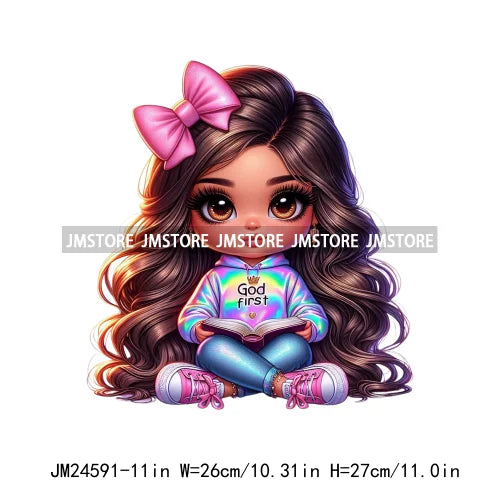 God First Chibi Cute Brown Hair Latina Dolls Baby Girls Coquette Bow Iron On DTF Transfer Stickers Ready To Press For Hoodies