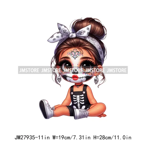 Halloween Skeleton Latina Baby Chibi Hispanic Girls Spooky Season DTF Iron On Transfers Stickers Ready To Press For Clothing