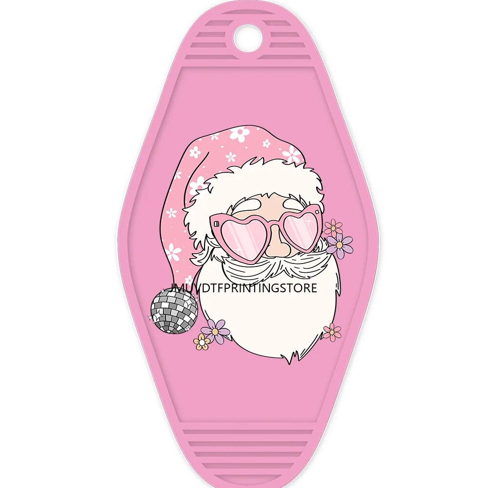 Pink Christmas Santa Claus High Quality WaterProof UV DTF Sticker For Motel Hotel Keychian  Merry Christmas Holiday