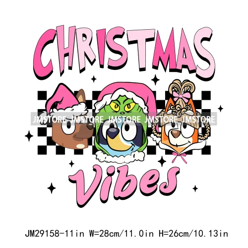 Cute Cartoon Blue Dog Family Character Merry Christmas Vibes Decals Iron On DTF Transfers Stickers Ready To Press For Sweatshirt