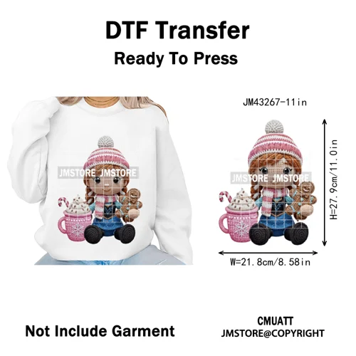 Faux Yarn Pink Hot Cocoa Cartoon Character Santa Cozy Christmas Iron on  DTF Transfers Stickers Ready to Press for T-shirts Bags