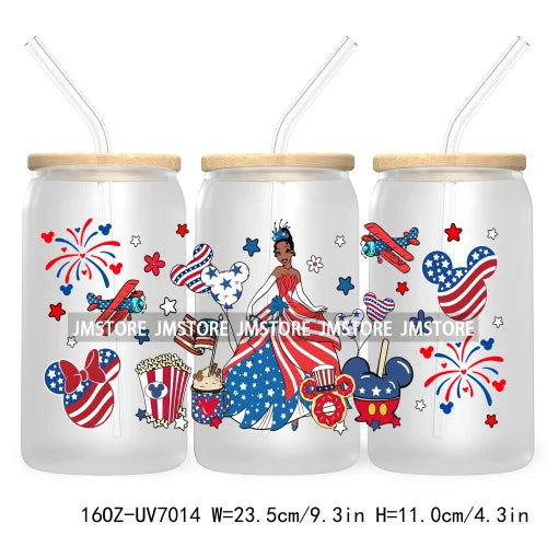 Happy 4TH Of July Cartoon Bear Friends 16OZ UV DTF Cup Wrap Transfer Stickers For Libbey Glass Can Cups Tumbler Waterproof Craft