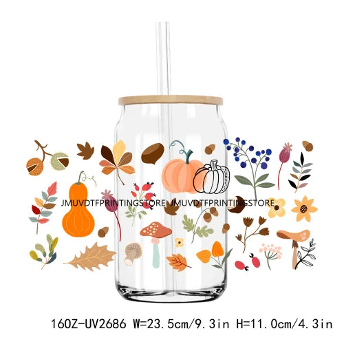 Birds With Autumn Leaves UV DTF Sticker For 16OZ Libbey Glass Cup Can Wrap Transfer Sticker Custom Labels DIY Logo Fall Pumpkin