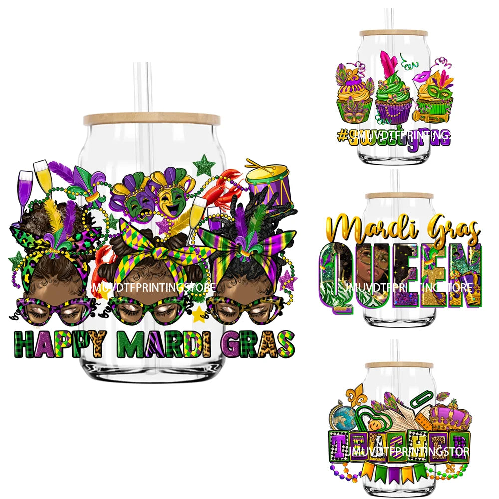 Happy Mardi Gras Afro Messy Bun UV DTF Transfers Stickers Decals For Libbey Cold Cups Mugs Tumbler Waterproof DIY Logo