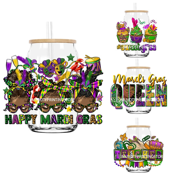 Happy Mardi Gras Afro Messy Bun UV DTF Transfers Stickers Decals For Libbey Cold Cups Mugs Tumbler Waterproof DIY Logo