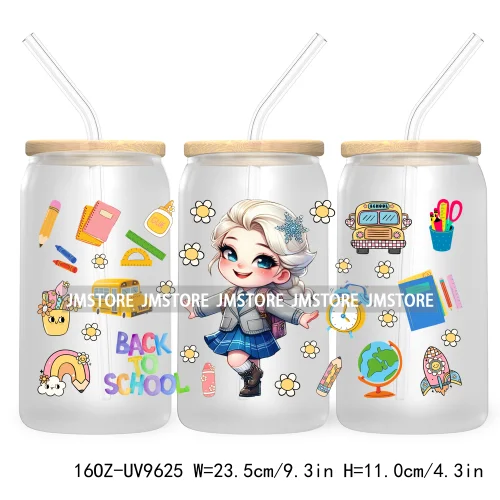 Back To School Cartoon Princess 16OZ UV Cup Wrap DTF Transfer Sticker For Libbey Glass Can Cups Tumbler Waterproof Label Teacher