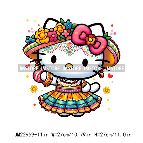 Happy Cinco De Mayo Feista Mexican Hello Cat Iron On Flower Music Cactus Sombrero Hat DTF Transfer Stickers For Clothing
