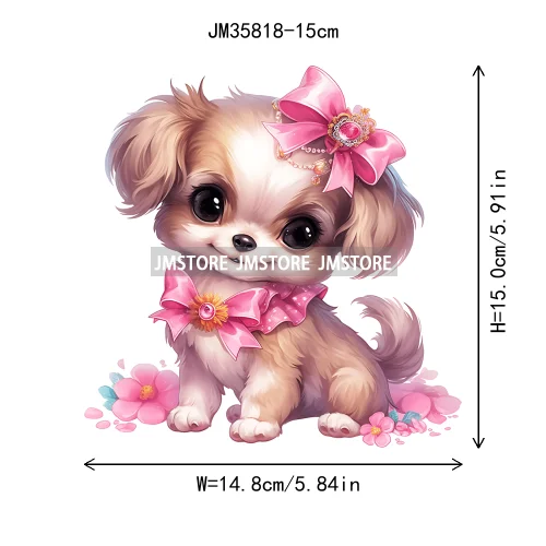 15cm 5.9in Cartoon Pink Bow Dog Animal Iron On Heat Transfer Sticker For Clothes Printed Vinyl Thermal Washable T-Shirt Applique