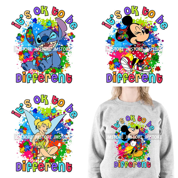 Custom It’s Okay To Be Different Diy Autism Cartoon Character Be Kind Iron On DTF Transfers Stickers Ready To Press For Clothing