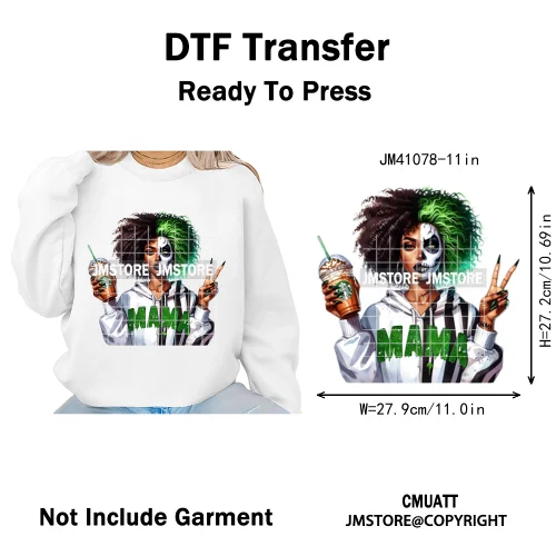 Horror Afro Mama Coffee Lover Scary Girly Killer Halloween Movie Iron on DTF Transfers Stickers Ready to Press for Textile Bags