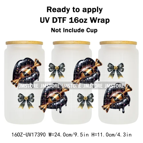 Coquette Bow Christmas Gift Lips UV DTF Stickers Xmas Season Candy Cane Ready To Transfer 16OZ Cup Wraps For Libbey Can Glass