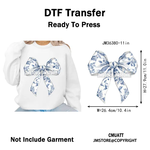 Blue And White Toile Chinoiserie Floral Coquette Bow Thermal Decals Iron on DTF Transfers Stickers Ready to Press for Clothing