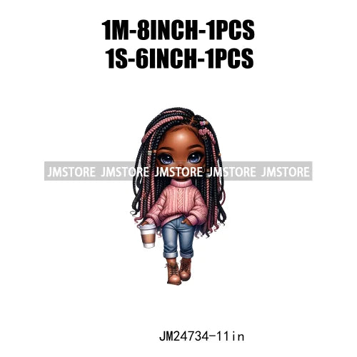 Dreadlocks Coffee Chibi Black Girls Pink Fashion African American Denim Girl Iron On DTF Heat Press Transfer Stickers For Shirts