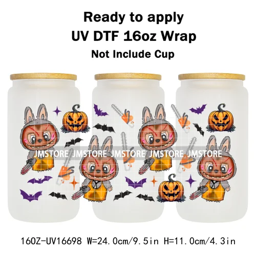 Laboo Cartoon Horror Halloween Characters 16OZ UV DTF Cup Wraps Ready To Apply Waterproof Transfer Stickers For Libbey Glass Can