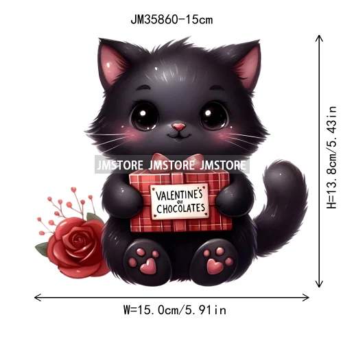 15cm 5.9in Kids Cute Flower Heart Love Valentine Black Cat Iron On Heat Transfer Sticker For Clothes Print Vinyl Washable Decal