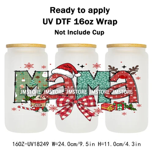 Christmas Mama Mini Coquette Family Xmas 16OZ UV DTF Cup Wraps Ready To Apply Waterproof Transfer Stickers For Libbey Glass Can