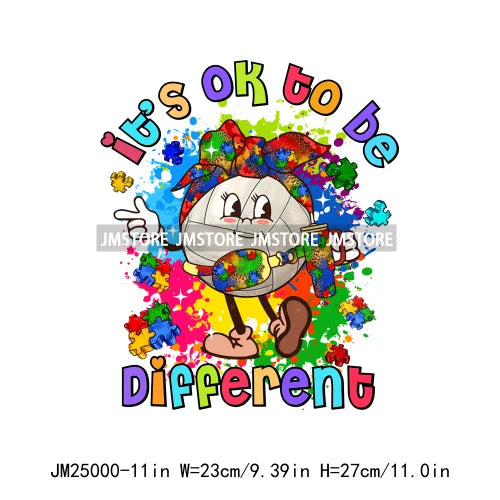 Colorful Autism Awareness Printing It's Okay To Be Different Iron On Heat Press DTF Transfer Stickers Ready To Press For Clothes