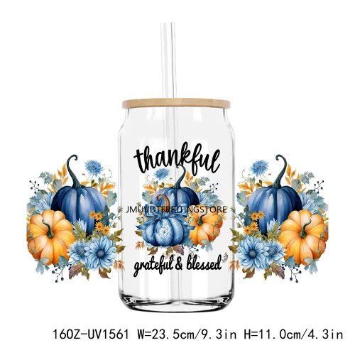 Fall Autumn Pumpkin Flower 16OZ UV DTF Cup Wrap Transfer Stickers Custom Labels DIY Durable Waterproof Logo For Libbey Glass Can