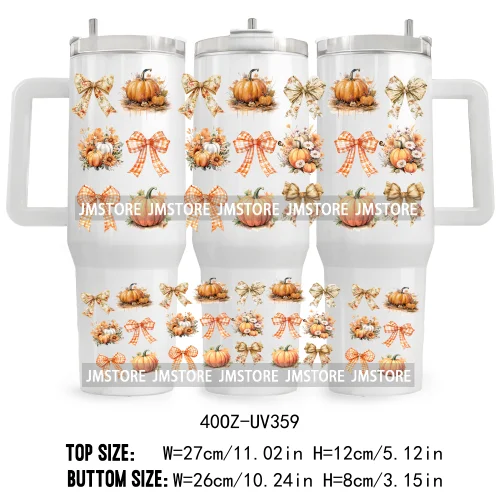 Leopard Pumpkin Coquette Bow UV DTF 40OZ Tumbler Wrap Ready To Apply Waterproof Custom Logo Fall Autumn Vibes Transfer Stickers