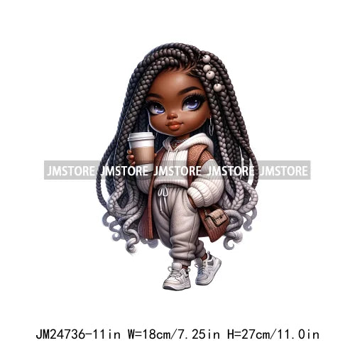 Dreadlocks Coffee Chibi Black Girls Pink Fashion African American Denim Girl Iron On DTF Heat Press Transfer Stickers For Shirts