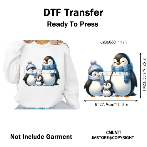 Cute Animal Penguins Coquette Hat Family Mom Father Baby Lovers Iron on DTF Heat Transfer Stickers Ready to Press for Hoodies