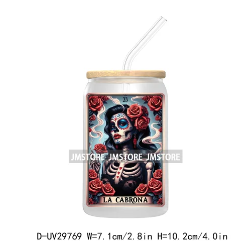 La Mexicana Latina Tarot Card UV DTF Transfer Stickers Decals For Libbey Cold Cups Mugs Tumbler Waterproof Floral Sugar Skulls