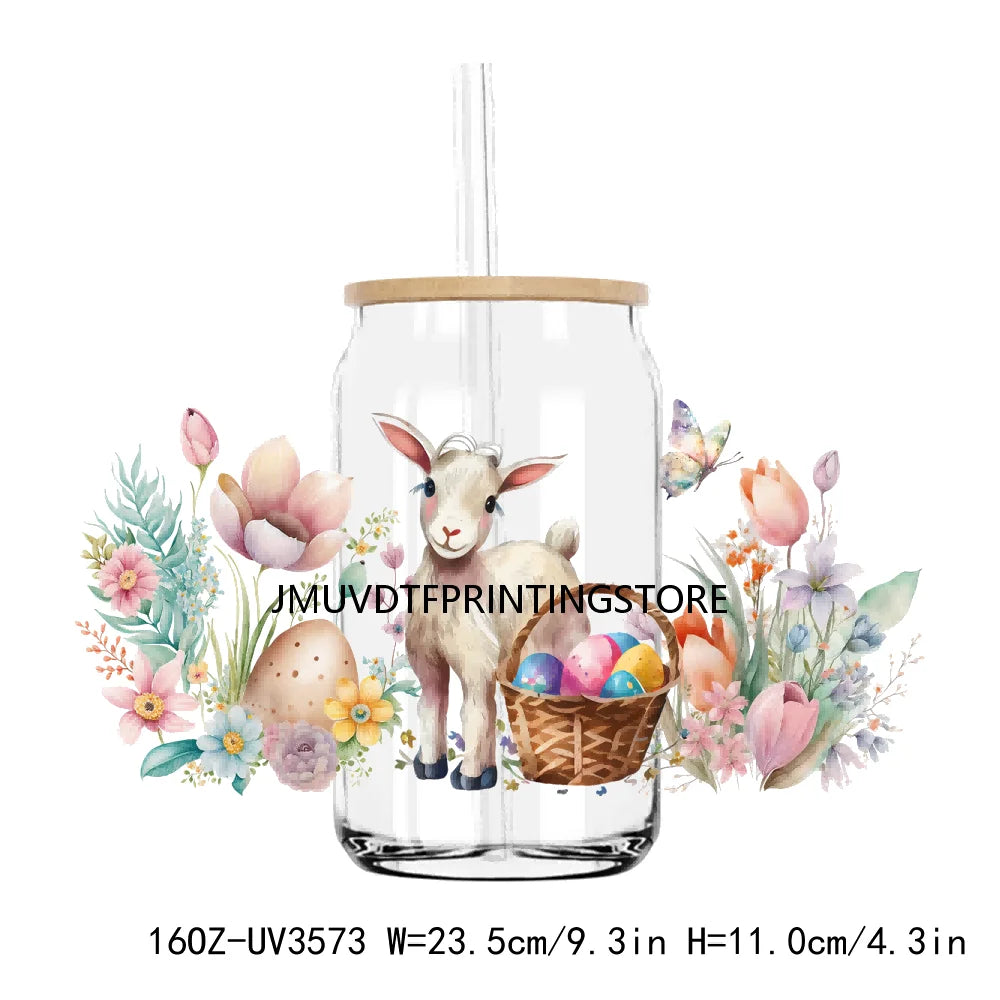 Happy Easter Day UV DTF Sticker For 16OZ Libbey Glass Cup Can Wrap Transfer Sticker Custom Labels DIY Logo Animals Bunny Eggs