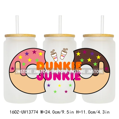 Dunkie Junkie Coffee Donuts UV DTF Wraps Transfer Sticker Selfadhesive Waterproof High Quality For 16OZ Libbey Glass Can Tumbler
