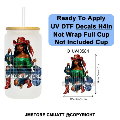Howdy Afro Black Cowgirl Christmas UV DTF Decals Ready To Apply Waterproof Transfer Stickers For 16OZ Libbey Glass Can Bottle