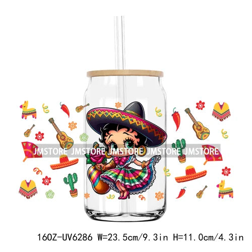 Cartoon Princess Cinco De Mayo Mexican UV DTF Sticker For 16OZ Libbey Glass Cup Can Wrap Transfer Stickers Custom Label DIY Logo