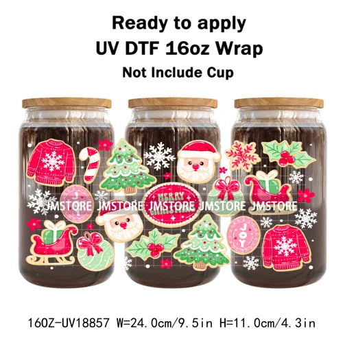 Funny Christmas Sweet Dessert UV DTF Cup Wrap Ready To Apply Transfer Sticker Waterproof 16OZ Tumbler Wraps For Libbey Glass Can