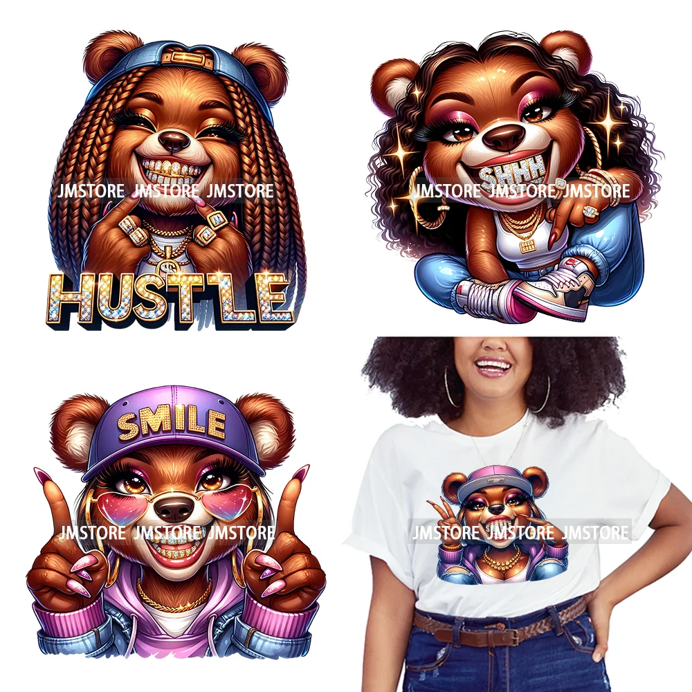 Girl Grillz Hustle Hip Pop Bear Money Quotes Sayings Washable Decals Iron On DTF Transfers Stickers Ready To Press For Clothing