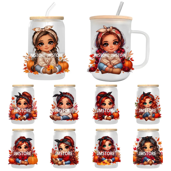 Latina Chibi Autumn Baby Little Girl UV DTF Transfer Stickers Decals For Libbey Cold Cups Mugs Tumbler Fall Vibes Pumpkin Season