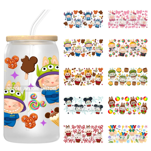 Trendy Coquette Bow Cartoon Doll Monsters 16OZ UV DTF Cup Wraps Ready To Apply Waterproof Transfer Stickers For Libbey Glass Can