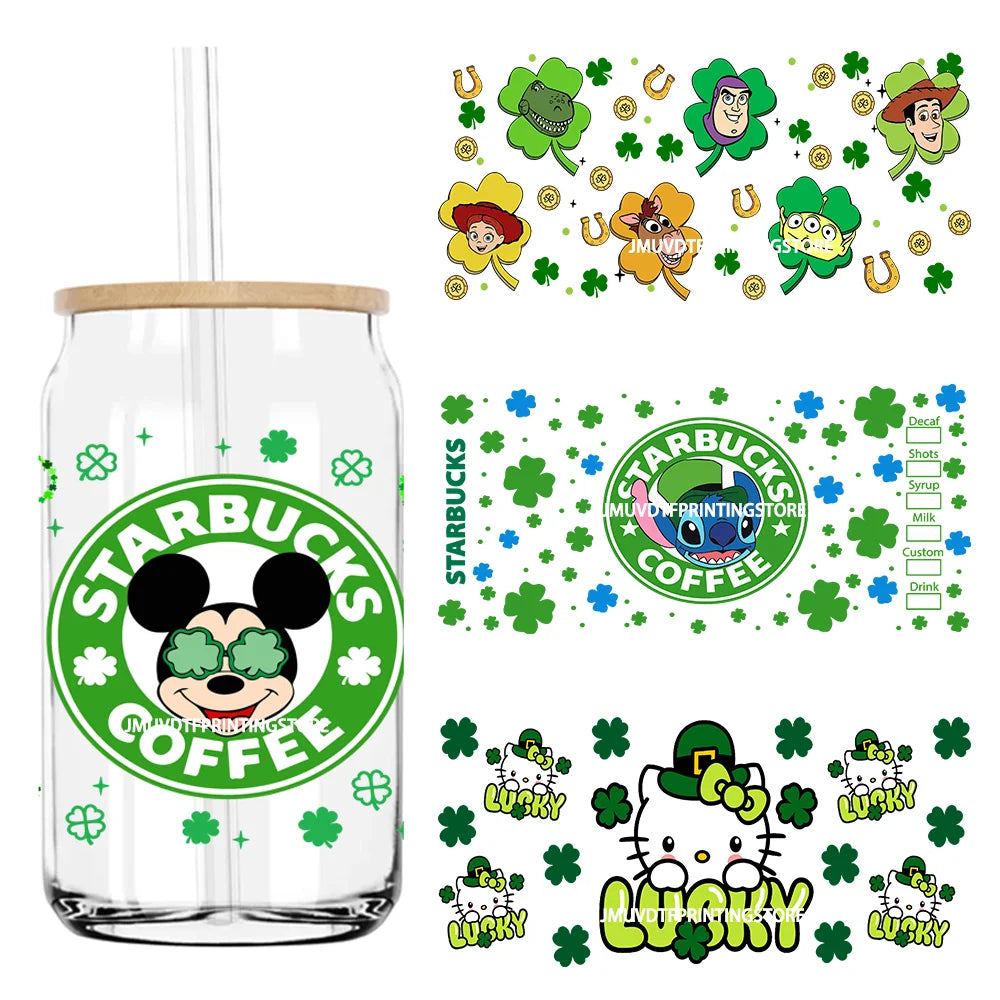 Cartoon St. Patrick's Day 16OZ UV DTF Cup Wrap Transfer Stickers Mouse Cat Custom Label DIY Waterproof Logo For Libbey Glass Can