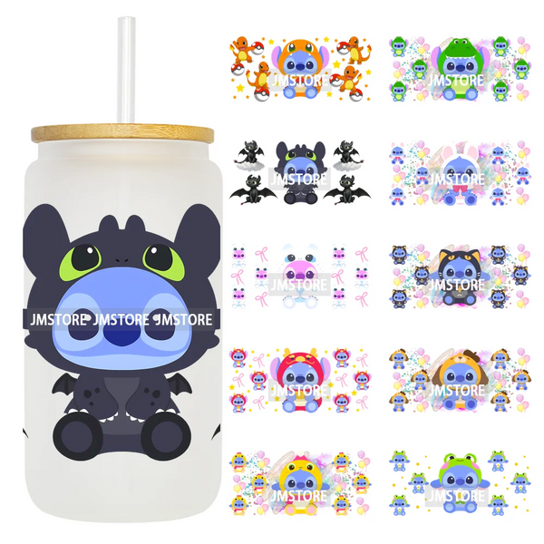 Watercolor Cartoon Character In Costumes UV DTF Wraps Ready To Apply Transfer Stickers Waterproof For 16OZ Libbey Glass Can Mugs