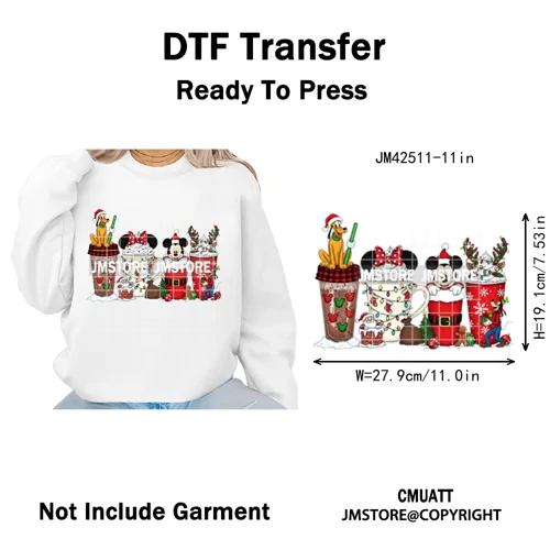 Cute Cartoon Character Coffee Cup Coquette Candy Merry Christmas Iron on DTF Heat Transfers Stickers Ready to Press for Hoodies