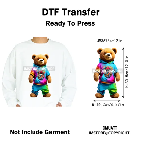 12in Cool Retro Urban Streetwear Graffiti Hip Hop Teddy Bear Iron On DTF Washable Transfers Stickers Ready to Press For Clothing